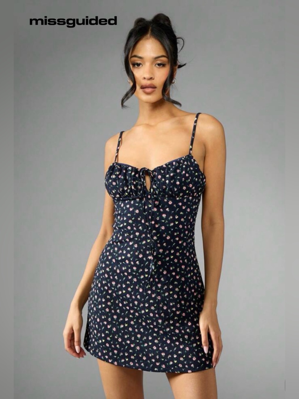Missguided Navy Mini Dress with Pink & Green Floral Print